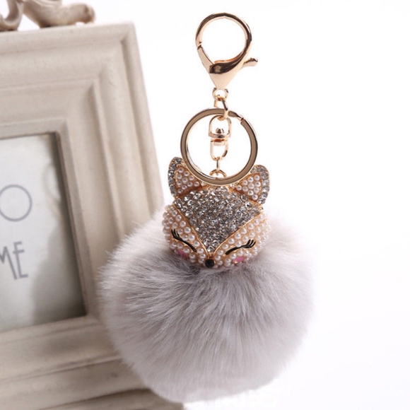Rhinestone Fox Furry Pom Pom Pearl Keychain Purse - Picture 1 of 4